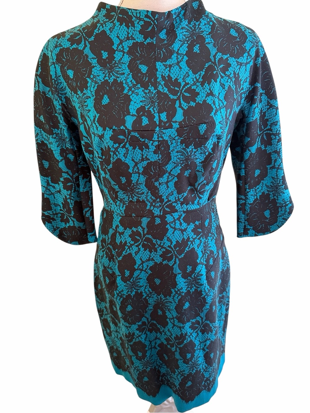 Milly Teal and Black Floral Lace-Pattern Short Sleeve Sheath Dress 8
